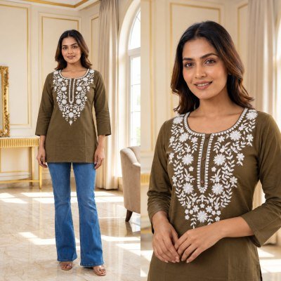 Short Top Collection Cotton Flex Embroidery Work Kurti Size wise Combo Set