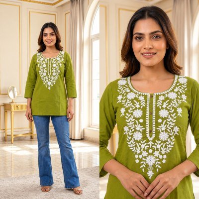 Short Top Collection Cotton Flex Embroidery Work Kurti Size wise Combo Set