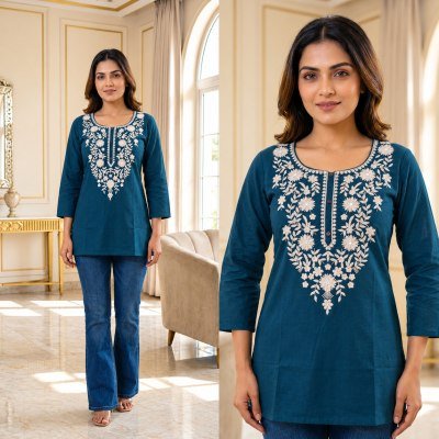 Short Top Collection Cotton Flex Embroidery Work Kurti Size wise Combo Set