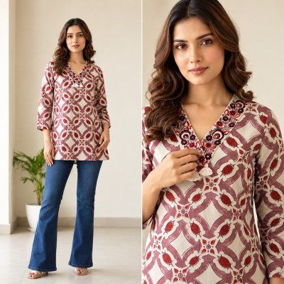 Short Top Cotton Print Embroidery Work Collection 