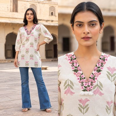 Short Top Cotton Print Embroidery Work Collection Size wise Combo Set