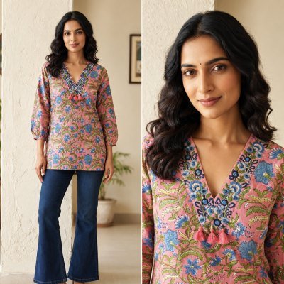 Short Top Cotton Print Embroidery Work Collection Size wise Combo Set