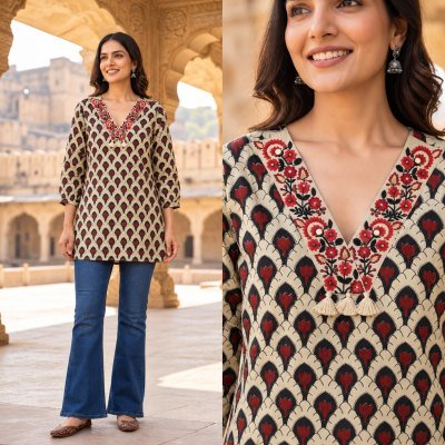 Short Top Cotton Print Embroidery Work Collection Size wise Combo Set
