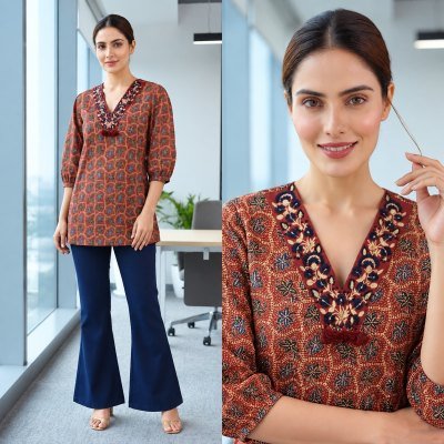 Short Top Cotton Print Embroidery Work Collection Size wise Combo Set