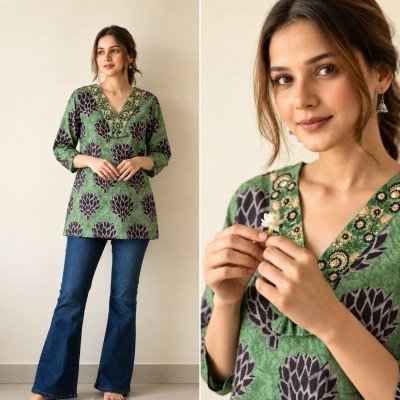 Short Top Cotton Print Embroidery Work Collection Size wise Combo Set