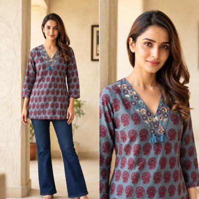 Short Top Cotton Print Embroidery Work Collection Size wise Combo Set