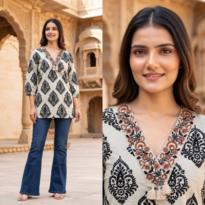 Short Top Cotton Print Embroidery Work Collection Size wise Combo Set