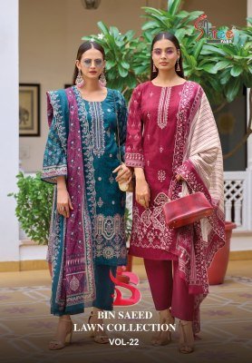 Shree Fab Bin Saeed Lawn Collection Vol 22 Unstitched Embroidered Cotton Suit with Malmal Dupatta Wholesale Shree fab