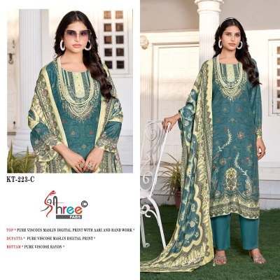 Shree Fab KT 223 Unstitched Suit Pure Viscose Maslin Digital Print with Hand Work  Pure Viscose Rayon Bottom And Dupatta Wholesale dress material catalogs