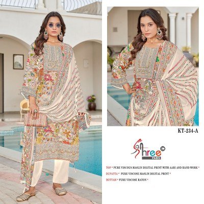 Shree Fab KT 234 Unstitched Suit Set  Pure Viscose Maslin Digital Print with Aari And Hand Work Digital Print Dupatta Wholesale dress material catalogs