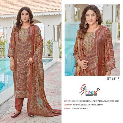Shree Fab KT 237 Pure Viscose Maslin Digital Print Unstitched Suit Set with Aari   Hand Work Unstitched Wholesale dress material catalogs