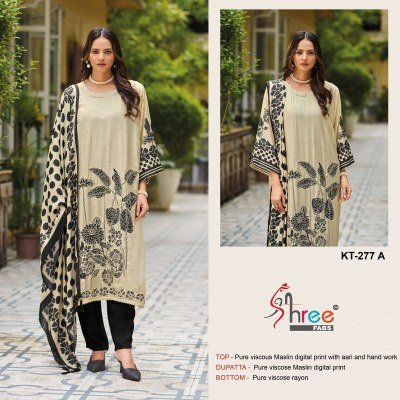 Shree Fab KT 277 Unstitched Exclusive Pure Maslin Digital Print Suit with Hand Work and Viscose Rayon Bottom Designer Dupatta Wholesale kurtis