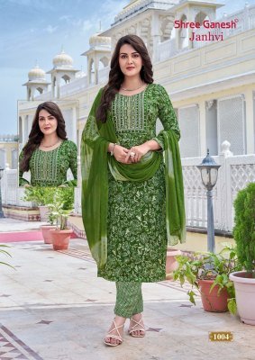 Shree Ganesh Janhvi Vol 1 Heavy Capsule Rayon Printed Kurti Pant with Dupatta Foil Print And Embroidery Wholesale kurti pant with dupatta Catalogs