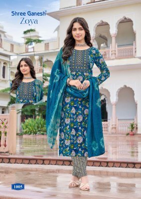 Shree Ganesh Zoya Vol 1 Rayon Printed Kurti Pant Set with Embroidered Neck And Chanderi Cotton Dupatta Wholesale kurti pant with dupatta Catalogs