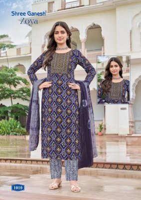 Shree Ganesh Zoya Vol 1 Rayon Printed Kurti Pant Set with Embroidered Neck And Chanderi Cotton Dupatta Wholesale kurti pant with dupatta Catalogs