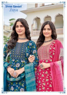 Shree Ganesh Zoya Vol 1 Rayon Printed Kurti Pant Set with Embroidered Neck And Chanderi Cotton Dupatta Wholesale kurti pant with dupatta Catalogs