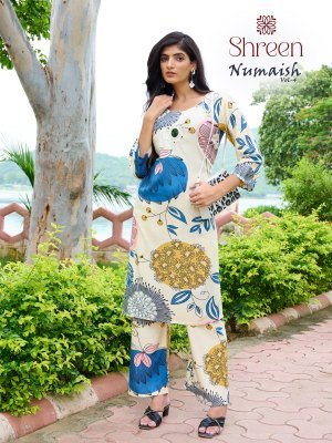 Shreen Kurti Numaish Vol 4 Mirror Breeze Designer Rayon A Line Co Ord Set Wholesale co ord set catalogs
