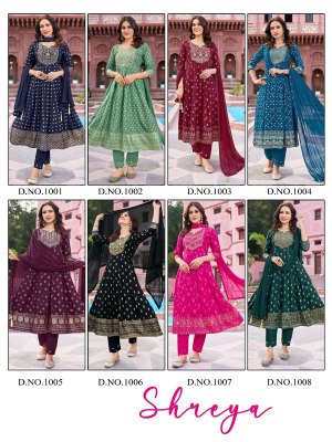 Shreya by amavi reyon foil printed fancy flaired kurti pant and dupatta catalogue readymade suit catalogs