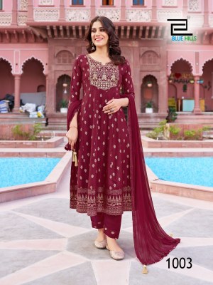 Shreya by amavi reyon foil printed fancy flaired kurti pant and dupatta catalogue readymade suit catalogs