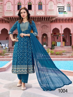 Shreya by amavi reyon foil printed fancy flaired kurti pant and dupatta catalogue readymade suit catalogs