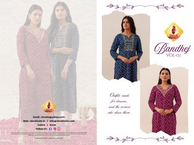 Shruti Suit Bandhej Vol 7 Evergreen Bandhani Modal Rayon Kurti with Hand Mirror And Thread Embroidery  Kurti Wholesale kurtis catalogs