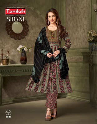 Sibani vol 8 by Taniksh Reyon Foil Printed embroidered top bottom and dupatta catalogue with affordable rate readymade suit catalogs