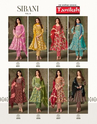Sibani vol 8 by Taniksh Reyon Foil Printed embroidered top bottom and dupatta catalogue with affordable rate readymade suit catalogs
