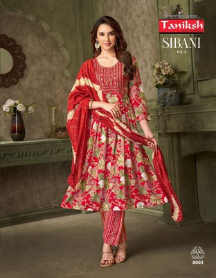 Sibani vol 8 by Taniksh Reyon Foil Printed embroidered top bottom and dupatta catalogue with affordable rate readymade suit catalogs