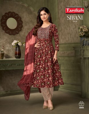 Sibani vol 8 by Taniksh Reyon Foil Printed embroidered top bottom and dupatta catalogue with affordable rate readymade suit catalogs