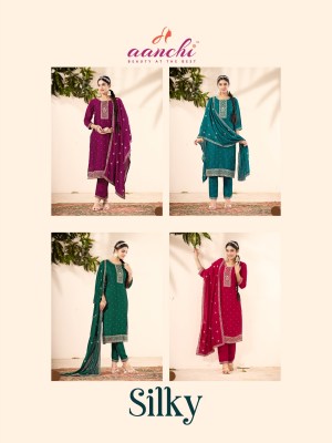 Silky by Aanchi Vichitra Silk Straight Kurti Pant with Dupatta catalogue at affordable rate  readymade suit catalogs