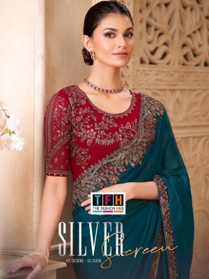 Silver Screen-22 SS-32018 Peacock Blue Satin Georgette Saree with Tussar Silk Blouse 