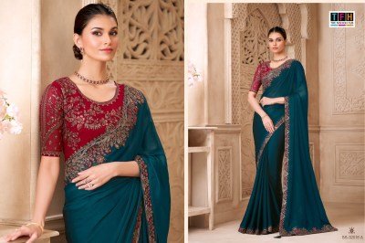 Silver Screen-22 SS-32018 Peacock Blue Satin Georgette Saree with Tussar Silk Blouse sarees catalogs