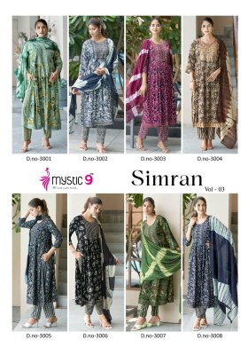 Simran vol 3 by Mystic 9 heavy reyon nyra cut printed kurti pant and dupatta catalogue at low rate readymade suit catalogs