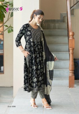 Simran vol 3 by Mystic 9 heavy reyon nyra cut printed kurti pant and dupatta catalogue at low rate readymade suit catalogs