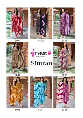 Simran vol 5 by Mystic 9 premium quality reyon foil printed nayra cut kurti pant and dupatta catalogue readymade suit catalogs