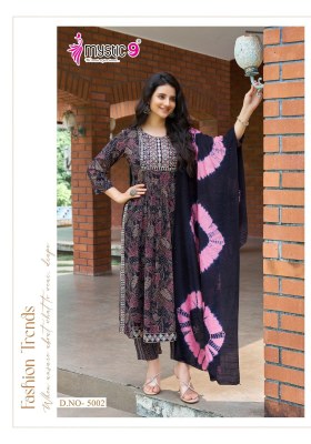 Simran vol 5 by Mystic 9 premium quality reyon foil printed nayra cut kurti pant and dupatta catalogue readymade suit catalogs