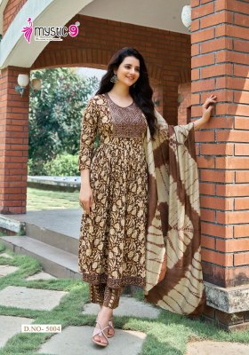 Simran vol 5 by Mystic 9 premium quality reyon foil printed nayra cut kurti pant and dupatta catalogue readymade suit catalogs