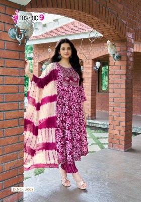 Simran vol 5 by Mystic 9 premium quality reyon foil printed nayra cut kurti pant and dupatta catalogue readymade suit catalogs