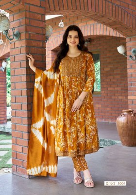 Simran vol 5 by Mystic 9 premium quality reyon foil printed nayra cut kurti pant and dupatta catalogue readymade suit catalogs
