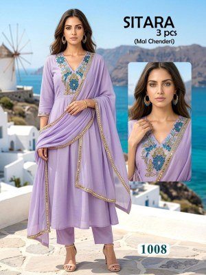 Sitara 3 Piece Heavy Mal Chanderi Embroidered Kurti Set with Lace Dupatta (L–3XL) readymade suit catalogs