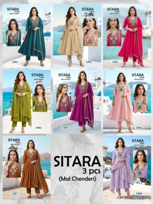 Sitara 3 Piece Heavy Mal Chanderi Embroidered Kurti Set with Lace Dupatta (L–3XL) readymade suit catalogs