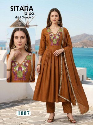 Sitara 3 Piece Heavy Mal Chanderi Embroidered Kurti Set with Lace Dupatta (L–3XL) readymade suit catalogs