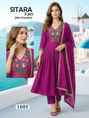 Sitara 3 Piece Heavy Mal Chanderi Embroidered Kurti Set with Lace Dupatta (L–3XL) readymade suit catalogs