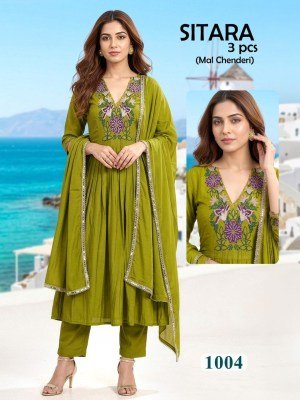 Sitara 3 Piece Heavy Mal Chanderi Embroidered Kurti Set with Lace Dupatta (L–3XL) readymade suit catalogs