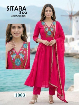 Sitara 3 Piece Heavy Mal Chanderi Embroidered Kurti Set with Lace Dupatta (L–3XL) readymade suit catalogs