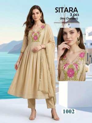 Sitara 3 Piece Heavy Mal Chanderi Embroidered Kurti Set with Lace Dupatta (L–3XL) readymade suit catalogs