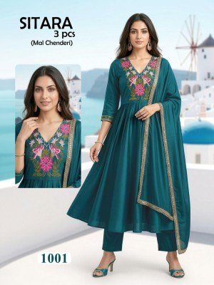 Sitara 3 Piece Heavy Mal Chanderi Embroidered Kurti Set with Lace Dupatta (L–3XL) readymade suit catalogs