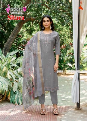 Sitara vol 1 by Mystic 9 Premium Quality roman silk embroidered readymade suit catalogue at affordable rate readymade suit catalogs