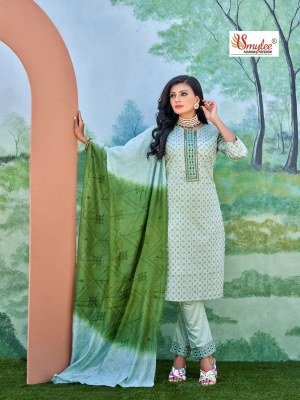 Smylee by sneha chanderi silk neck embroidery kurti pant and dupatta catalogue at wholesale price readymade suit catalogs