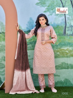 Smylee by sneha chanderi silk neck embroidery kurti pant and dupatta catalogue at wholesale price readymade suit catalogs